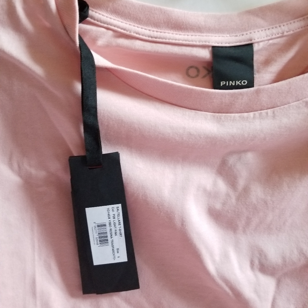 Pinko Crew Neckline Short Sleeve Beaded Brooch Pink Cotton Top Size S Sm… - Picture 5 of 8
